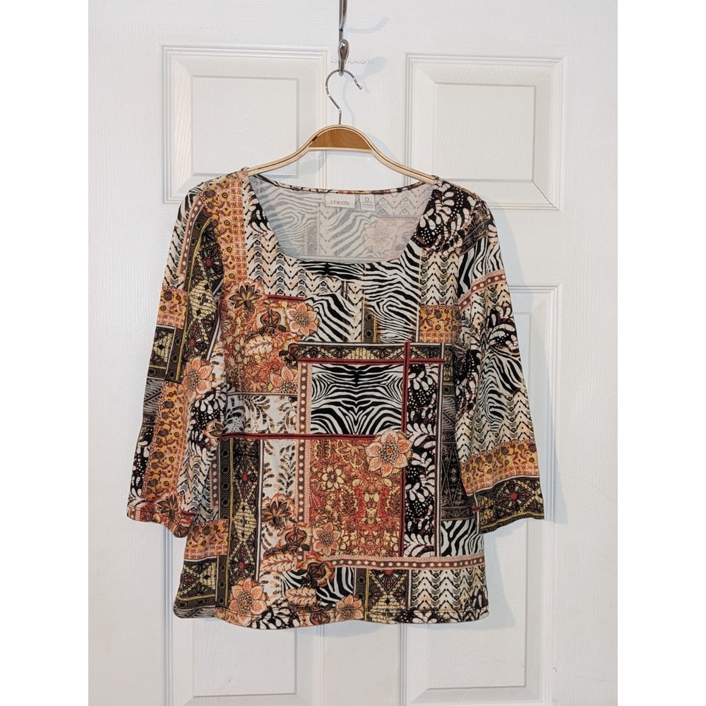 Chico's Multi Print Square Neck 3/4 Sleeve Top Animal Floral Paisley XS